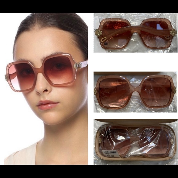 CHLOE SCALLOPED NUDE PINK TRANSPARENT SQUARE SUNGLASSES SUN  HEART MOTIF HINGES - Picture 8 of 16